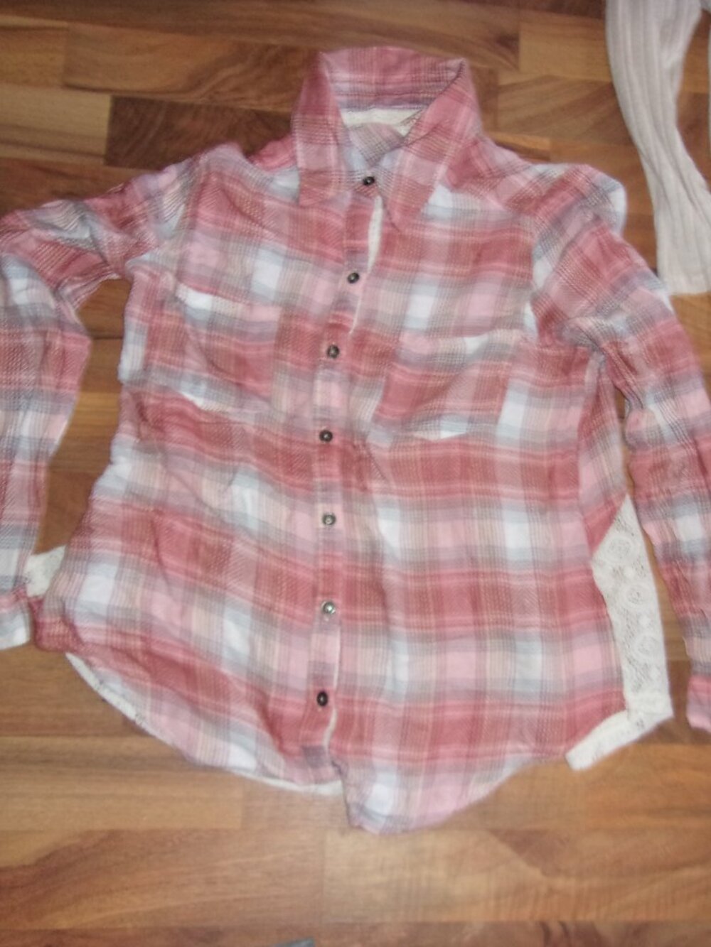 size large womens plaid shirt button up top gorpcore pink lace blouse